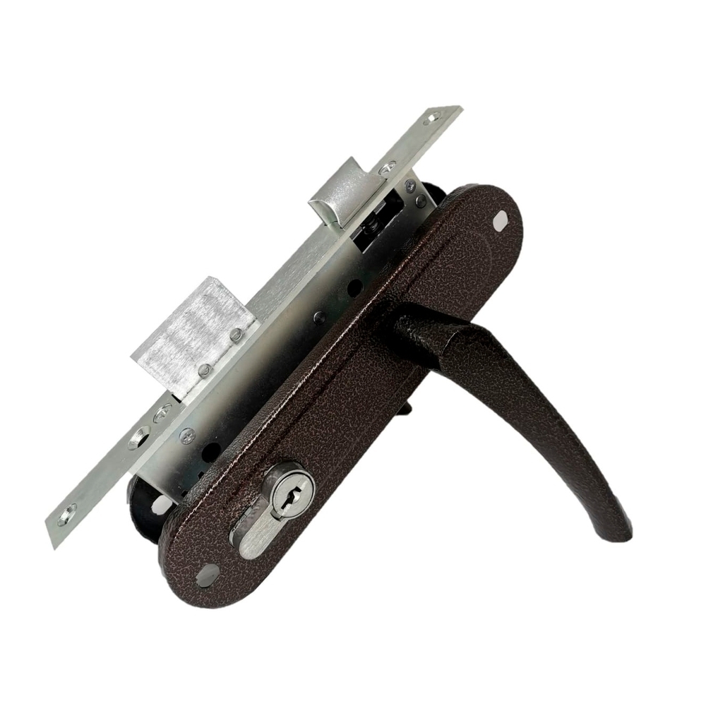 Фото Замок врезной цилиндровый с защёлкой в комплекте с ручкой ЗВ4-70/07 (медь антик), 4 кл.